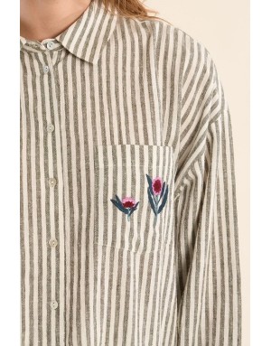 Chemise longue à rayures light kaki et blanc cassé de Molly Bracken, tissu coton et lin -  Référence ZP117EE