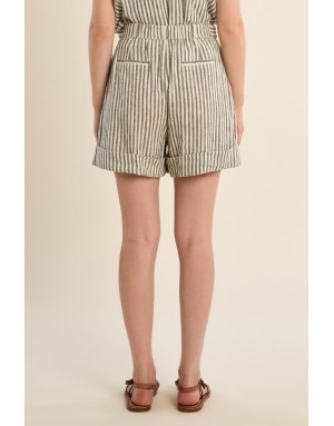 Short taille haute à rayures light kaki et blanc cassé de Molly Bracken, tissu coton et lin -  Référence ZP118EE