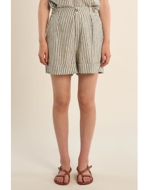 Short taille haute à rayures light kaki et blanc cassé de Molly Bracken, tissu coton et lin -  Référence ZP118EE