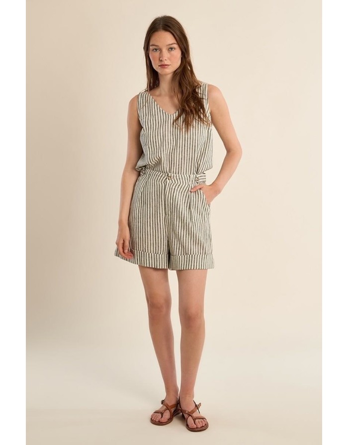 Short taille haute à rayures light kaki et blanc cassé de Molly Bracken, tissu coton et lin -  Référence ZP118EE