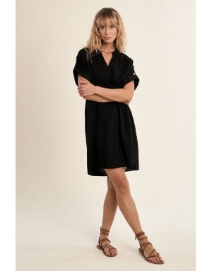 Robe chemise courte Molly Bracken, tissu noir aspect lin -  Référence P1871EP