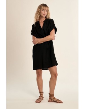 Robe chemise courte Molly Bracken, tissu noir aspect lin -  Référence P1871EP
