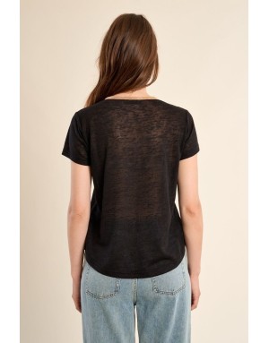 Tee-shirt d'aspect lin à encolure fantaisie en V Molly Bracken, coloris noir - Référence : T427EP