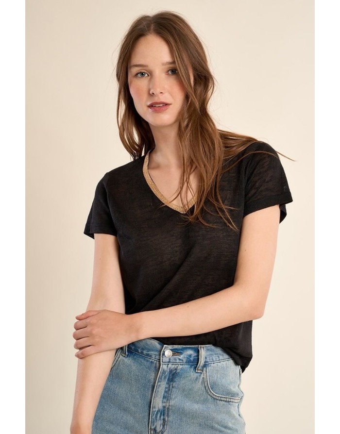 Tee-shirt d'aspect lin à encolure fantaisie en V Molly Bracken, coloris noir - Référence : T427EP