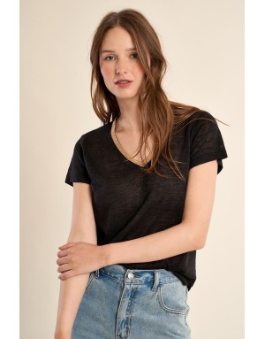 Tee-shirt d'aspect lin à encolure fantaisie en V Molly Bracken, coloris noir - Référence : T427EP