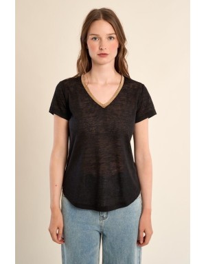Tee-shirt d'aspect lin à encolure fantaisie en V Molly Bracken, coloris noir - Référence : T427EP