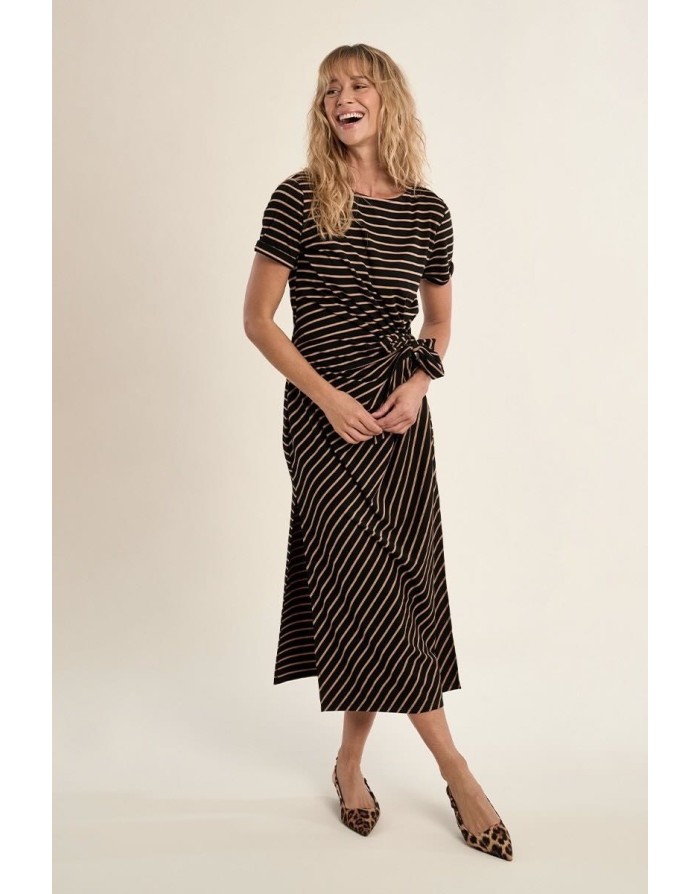 Robe longue rayée Molly Bracken, noire et beige, nouable à la taille -  Référence T2219EP