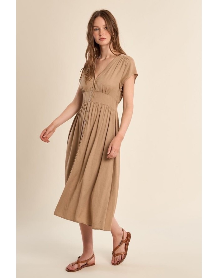 Robe longueur midi Molly Bracken, tissu aspect lin, coloris beige -  Référence G980EP