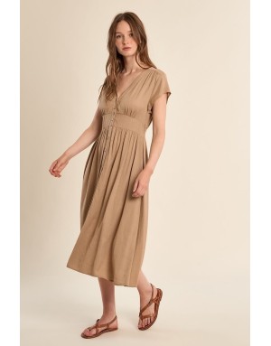 Robe longueur midi Molly Bracken, tissu aspect lin, coloris beige -  Référence G980EP