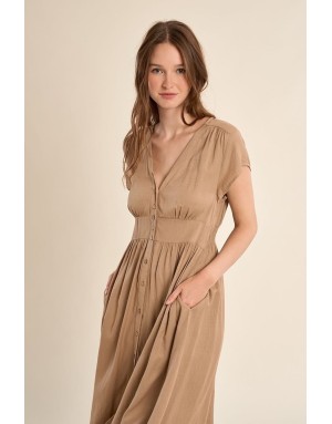 Robe longueur midi Molly Bracken, tissu aspect lin, coloris beige -  Référence G980EP