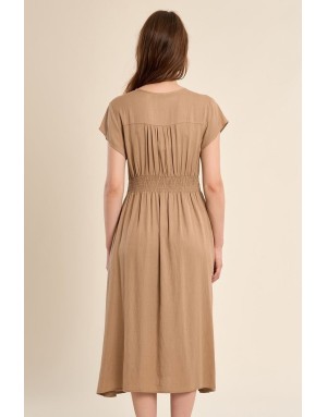 Robe longueur midi Molly Bracken, tissu aspect lin, coloris beige -  Référence G980EP