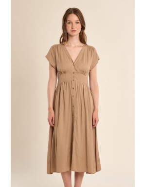Robe longueur midi Molly Bracken, tissu aspect lin, coloris beige -  Référence G980EP