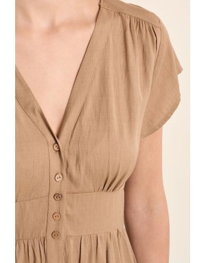 Robe longueur midi Molly Bracken, tissu aspect lin, coloris beige -  Référence G980EP