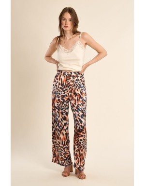 Pantalon droit taille haute Molly Bracken, tissu satiné, imprimé léopard -  Référence P1804EE