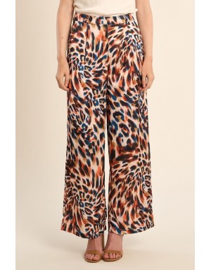 Pantalon droit taille haute Molly Bracken, tissu satiné, imprimé léopard -  Référence P1804EE