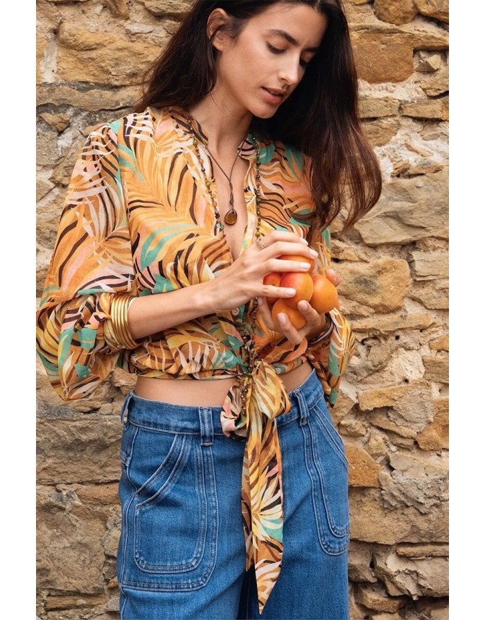 Chemise imprimée courte, nouable à la taille de Molly Bracken, tissu semi-transparent -  Référence P1771EE