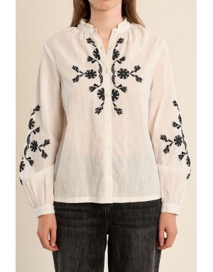 Chemise brodée, 100% coton, manches longues, coloris blanc -  Référence ZP135EE