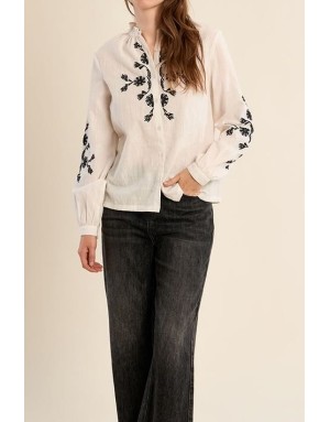 Chemise brodée, 100% coton, manches longues, coloris blanc -  Référence ZP135EE