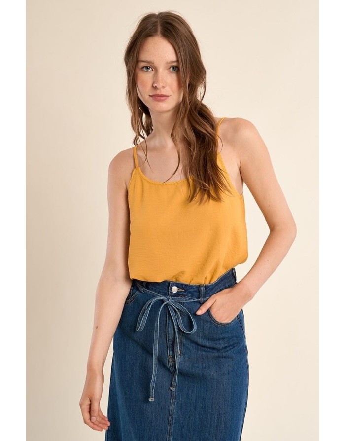 Top caraco fines bretelles Molly Bracken, coloris mangue, détail dentelle festonnée - Référence : G969EE