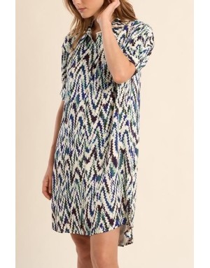 Robe chemise courte imprimée graphique Molly Bracken, manches courtes retroussées -  Référence T2189EP