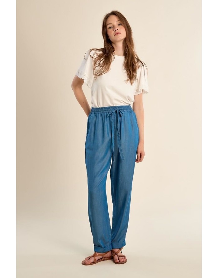 Pantalon coupe carotte jogpant Molly Bracken, 100% lyocell, taille haute élastiquée, coloris jean mid blue -  Référence ZP126EE