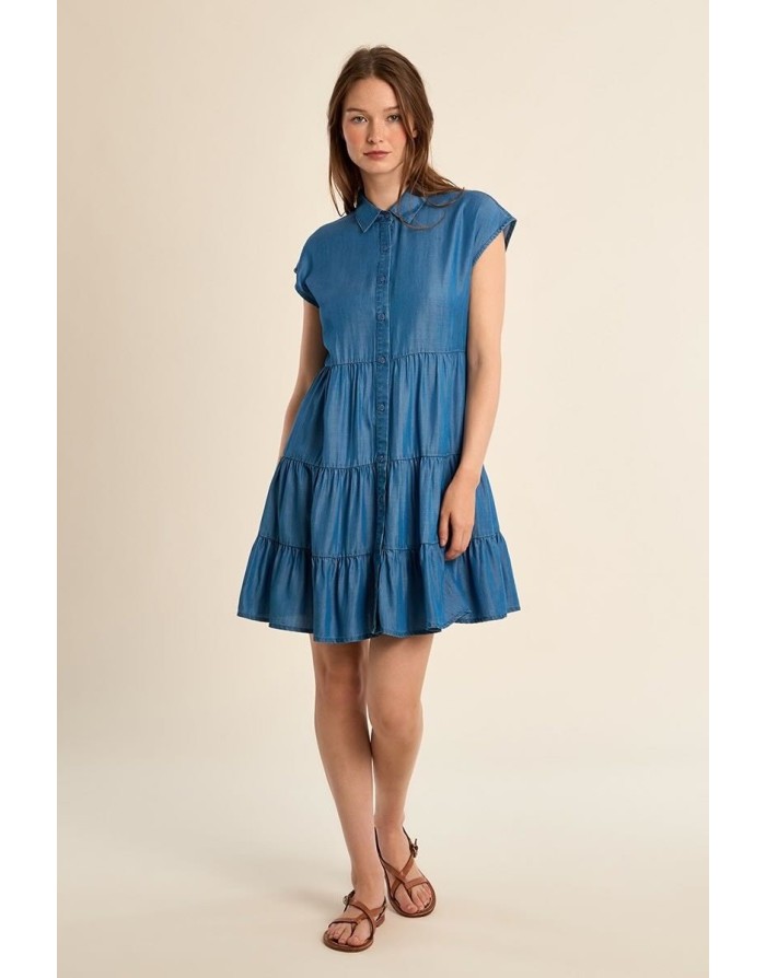 Robe courte volantée, 100% lyocell, Molly Bracken, petites manches, coloris denim mid blue -  Référence ZP138EE