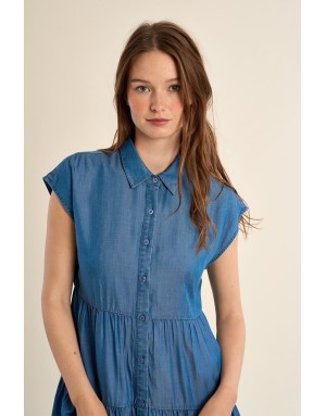 Robe courte volantée, 100% lyocell, Molly Bracken, petites manches, coloris denim mid blue -  Référence ZP138EE