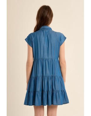 Robe courte volantée, 100% lyocell, Molly Bracken, petites manches, coloris denim mid blue -  Référence ZP138EE