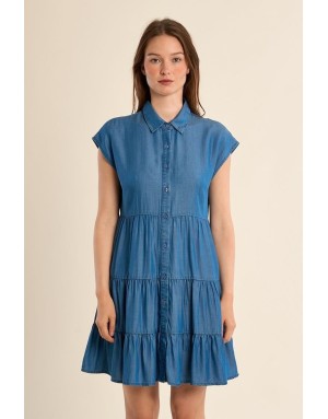 Robe courte volantée, 100% lyocell, Molly Bracken, petites manches, coloris denim mid blue -  Référence ZP138EE