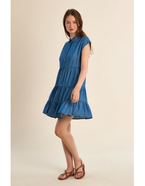 Robe courte volantée, 100% lyocell, Molly Bracken, petites manches, coloris denim mid blue -  Référence ZP138EE