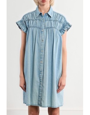 Robe large smockée effet denim Lili Sidonio pour Molly Bracken, 100% coton -  Référence ZPL115EE