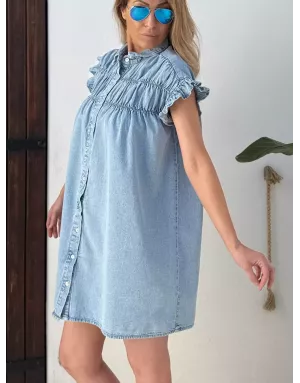 Robe large smockée effet denim Lili Sidonio pour Molly Bracken, 100% coton -  Référence ZPL115EE