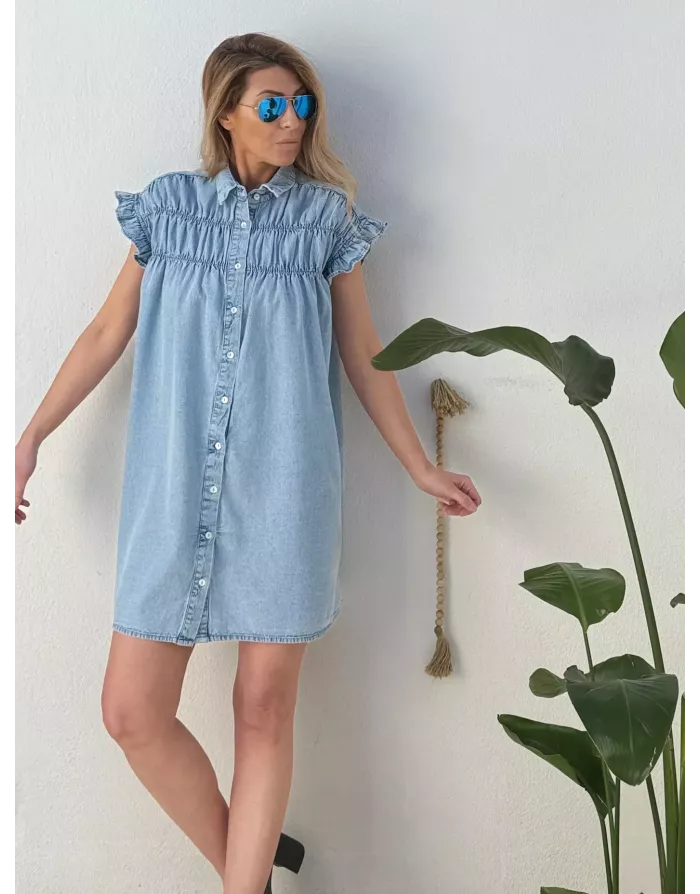 Robe large smockée effet denim Lili Sidonio pour Molly Bracken, 100% coton -  Référence ZPL115EE