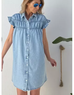 Robe large smockée effet denim Lili Sidonio pour Molly Bracken, 100% coton -  Référence ZPL115EE