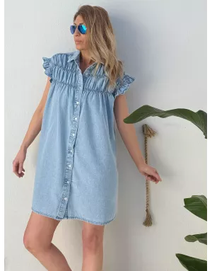 Robe large smockée effet denim Lili Sidonio pour Molly Bracken, 100% coton -  Référence ZPL115EE