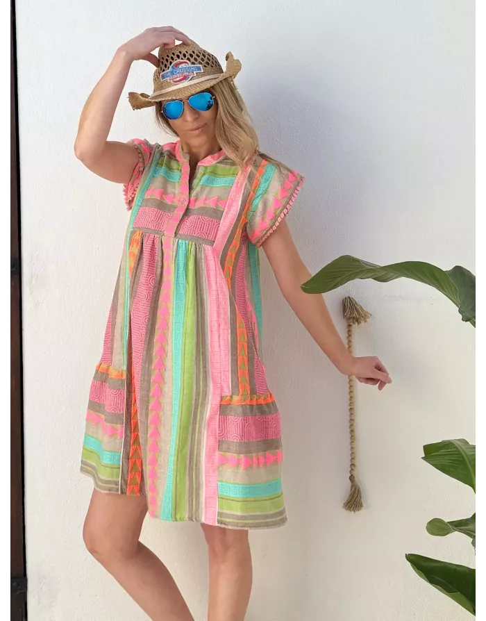 Robe large 70% coton Lili Sidonio pour Molly Bracken, coloris vif, motif ethnique -  Référence ZML108EE