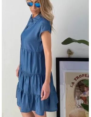 Robe chemise courte, 100% lyocell, Molly Bracken, petites manches, coloris denim mid blue -  Référence ZP138EE