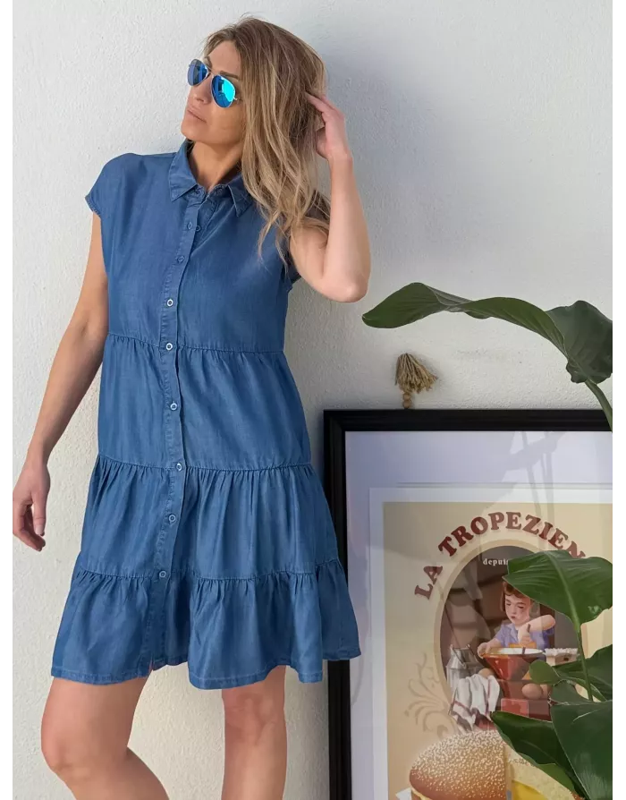 Robe chemise courte, 100% lyocell, Molly Bracken, petites manches, coloris denim mid blue -  Référence ZP138EE