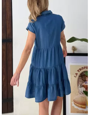 Robe chemise courte, 100% lyocell, Molly Bracken, petites manches, coloris denim mid blue -  Référence ZP138EE