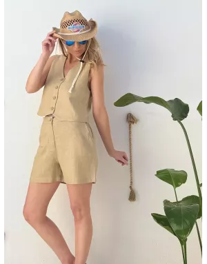 Short taille haute, taille élastiquée à l'arrière Molly Bracken, matière 30% lin - Référence PL275EP