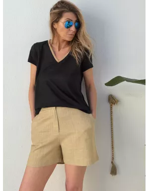 Tee-shirt d'aspect lin à encolure fantaisie en V Molly Bracken, coloris noir - Référence : T427EP