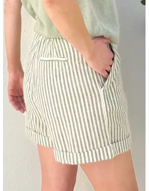 Short taille haute à rayures light kaki et blanc cassé de Molly Bracken, tissu coton et lin -  Référence ZP118EE