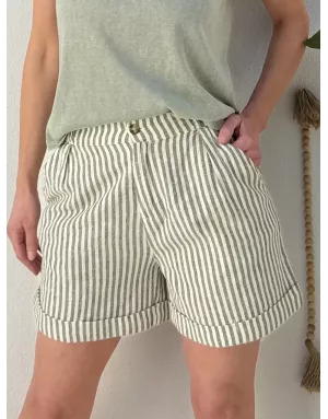Short taille haute à rayures light kaki et blanc cassé de Molly Bracken, tissu coton et lin -  Référence ZP118EE