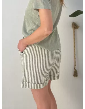 Short taille haute à rayures light kaki et blanc cassé de Molly Bracken, tissu coton et lin -  Référence ZP118EE