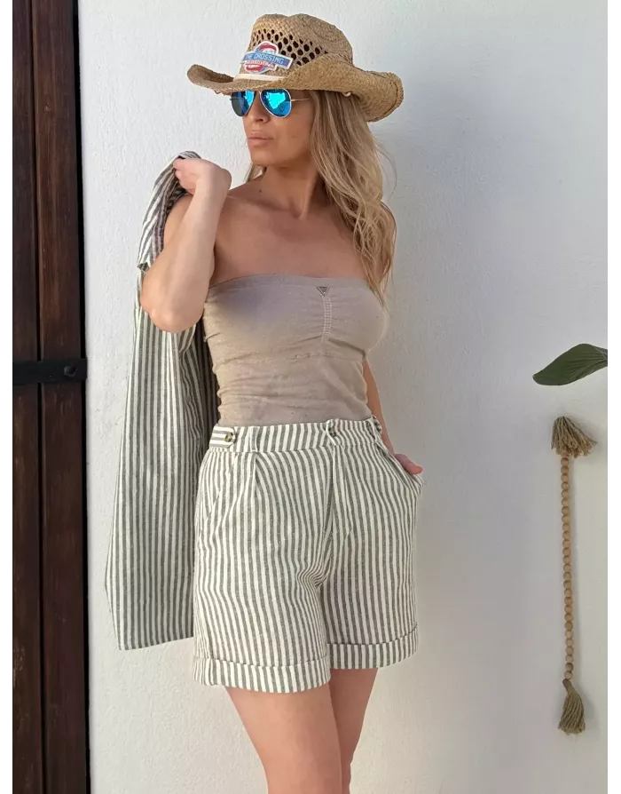 Short taille haute à rayures light kaki et blanc cassé de Molly Bracken, tissu coton et lin -  Référence ZP118EE