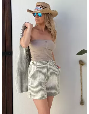 Short taille haute à rayures light kaki et blanc cassé de Molly Bracken, tissu coton et lin -  Référence ZP118EE