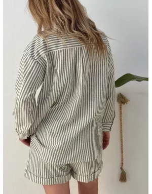Chemise longue à rayures light kaki et blanc cassé de Molly Bracken, tissu coton et lin -  Référence ZP117EE