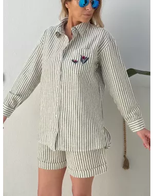 Chemise longue à rayures light kaki et blanc cassé de Molly Bracken, tissu coton et lin -  Référence ZP117EE