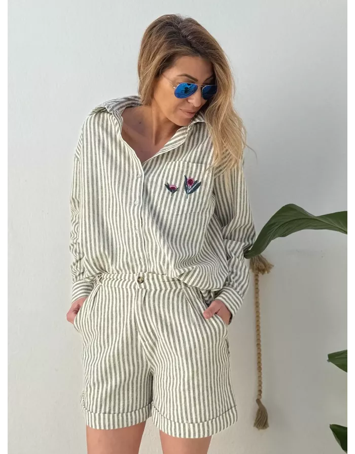 Chemise longue à rayures light kaki et blanc cassé de Molly Bracken, tissu coton et lin -  Référence ZP117EE