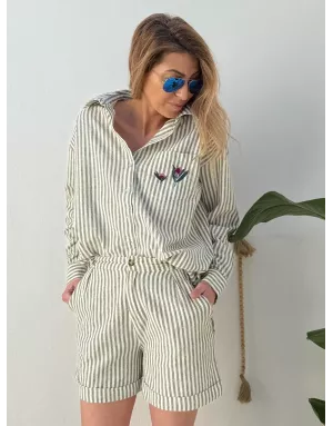 Chemise longue à rayures light kaki et blanc cassé de Molly Bracken, tissu coton et lin -  Référence ZP117EE